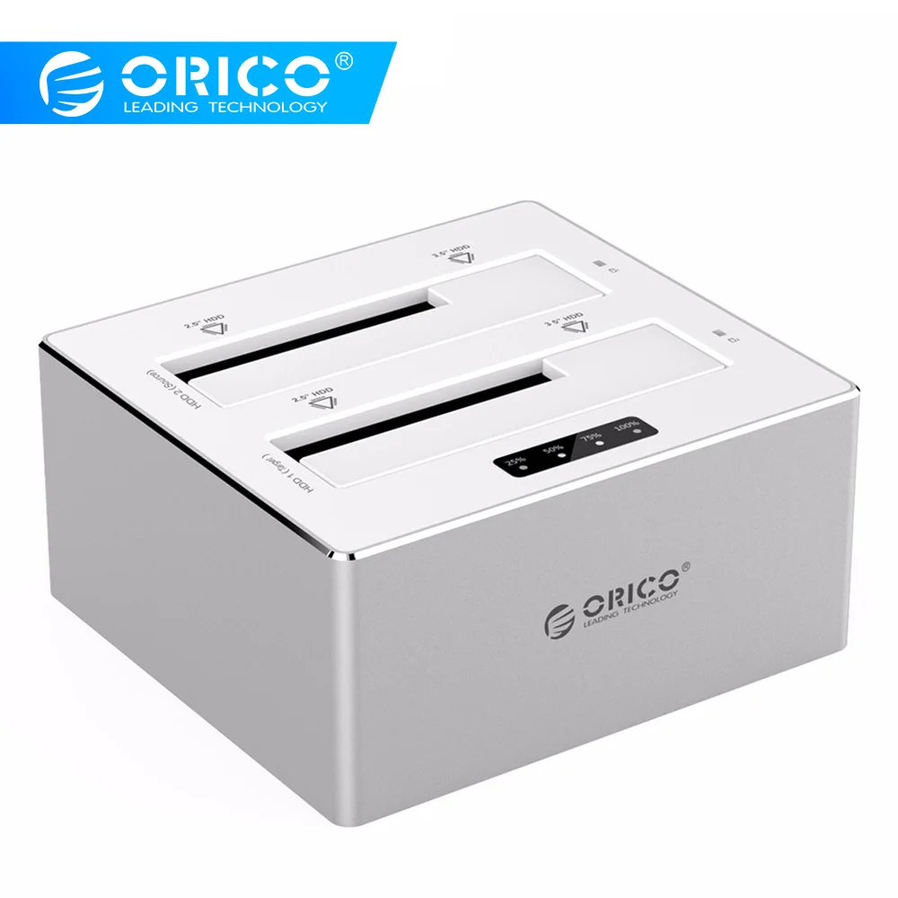 Чехол ORICO с 2 отсеками SATA 3,0-USB 3,0 HDD с функцией клона, алюминиевый док-станция для жесткого диска 2,5 ''3,5'' HDD SSD 12V