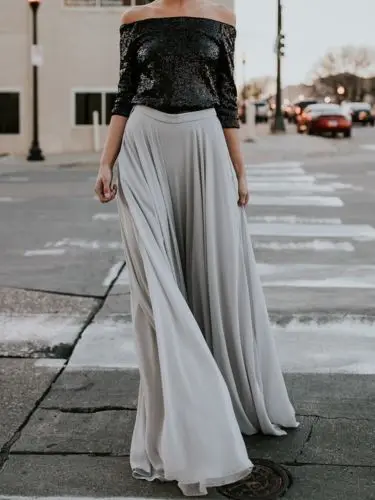 

Women Ladies High Waist Flared Long Maxi Skirt Solid Pleated Loose Party Beach Long Skirt