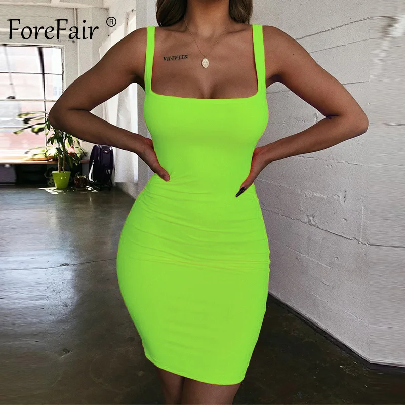 Forefair, сексуальное облегающее платье на бретельках, летнее, желтое, неоновое, зеленое, черное, оранжевое, элегантное, без рукавов, Мини Короткое платье для женщин