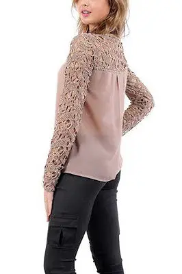 

2015 Fashion Women Sheer Sleeve Embroidery Lace Crochet Tee Chiffon Shirt Tops