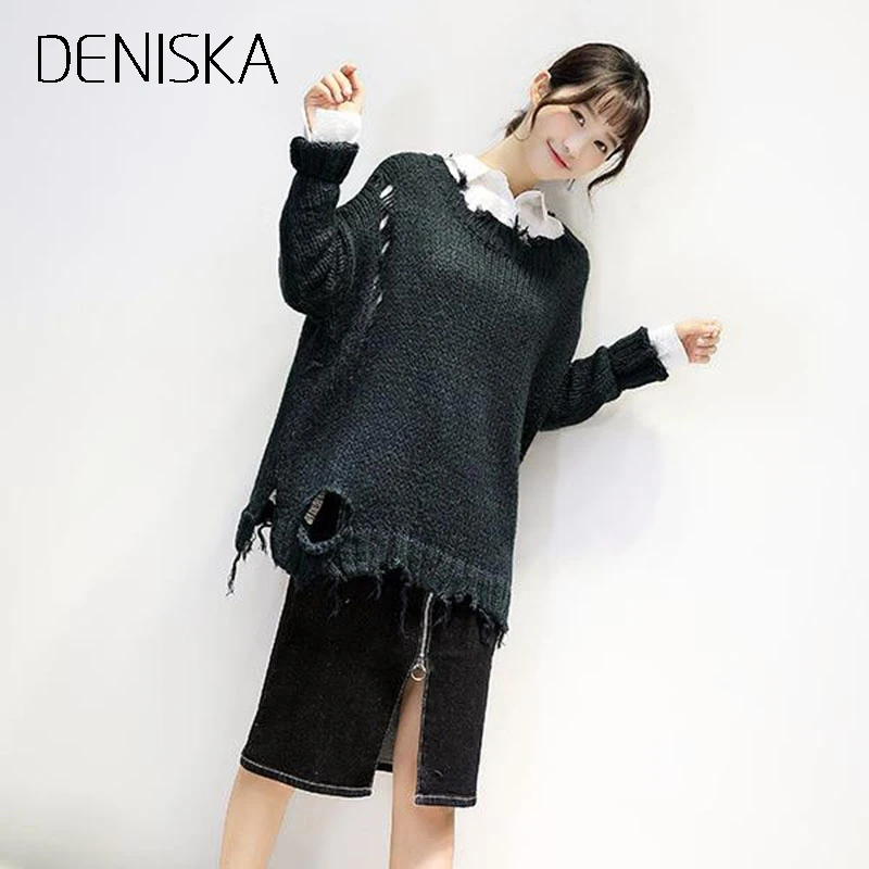 DENISKA 2018 Women Autumn Winter Knitted Distressed Sweaters Holes Ripped O Neck Loose Female Short Pullovers Femme Kni | Женская одежда