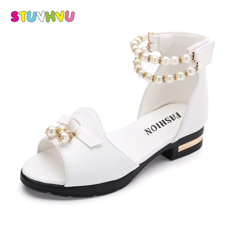 

Hot Sale Girls Sandals Summer Children Shoes 2021 Brand Open-Toe Bowtie pearl Beaded Children Sandals Heels For Teen Girls 27-37