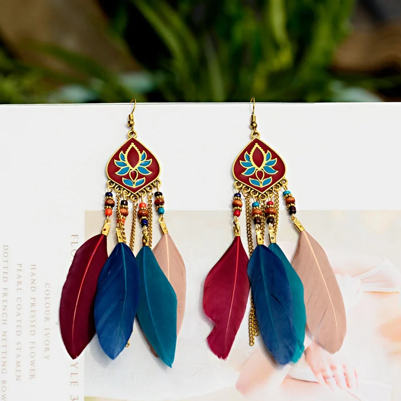 Женские серьги кисточки Lotus Jhumka Винтажные с перьями из турков цыганские