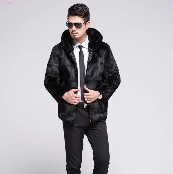 Winter autumn thicken thermal rabbit fur leather jackets men casual clothing mens coats outerwear fashion hooded black warm