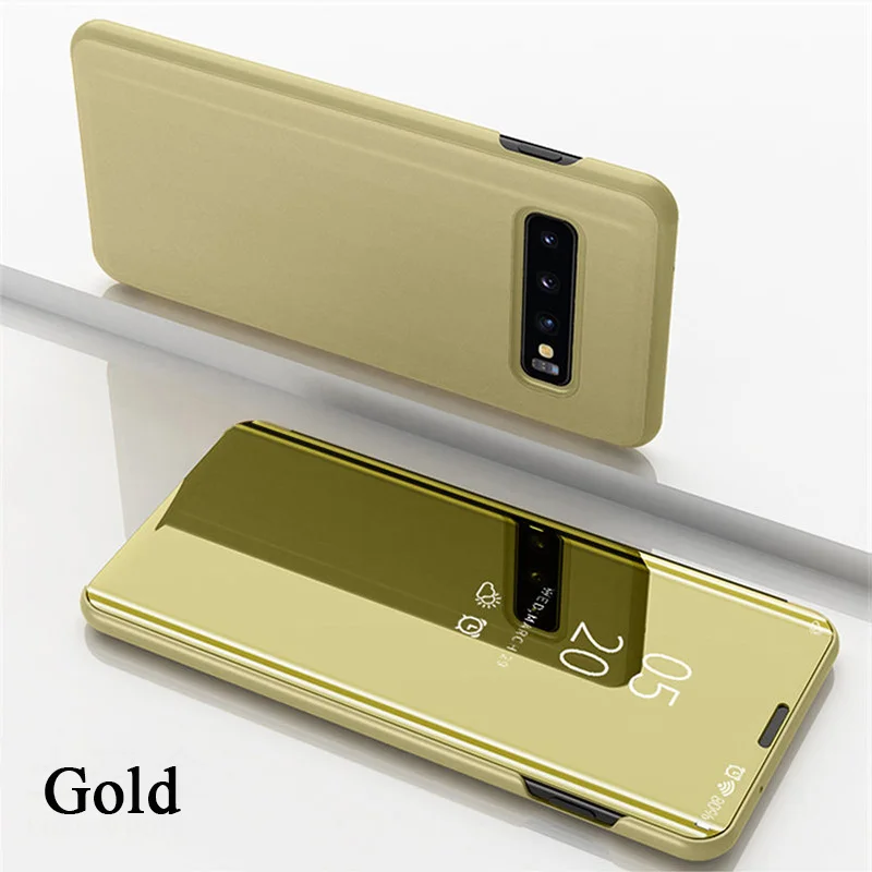Зеркальное окошечко, чехол для samsung Galaxy S10 S9 S8 плюс 5G S10E Note 8 9 10 Pro A10 A20 A30 A50 A70 A10E A20E кожаный чехол с откидной крышкой - Цвет: Gold