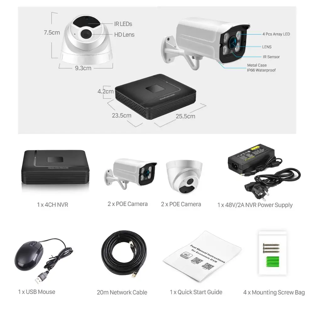 ANBIUX 4CH 1080P POE NVR аудио запись видеонаблюдения Системы 2MP крытый и открытый пуля PoE IP