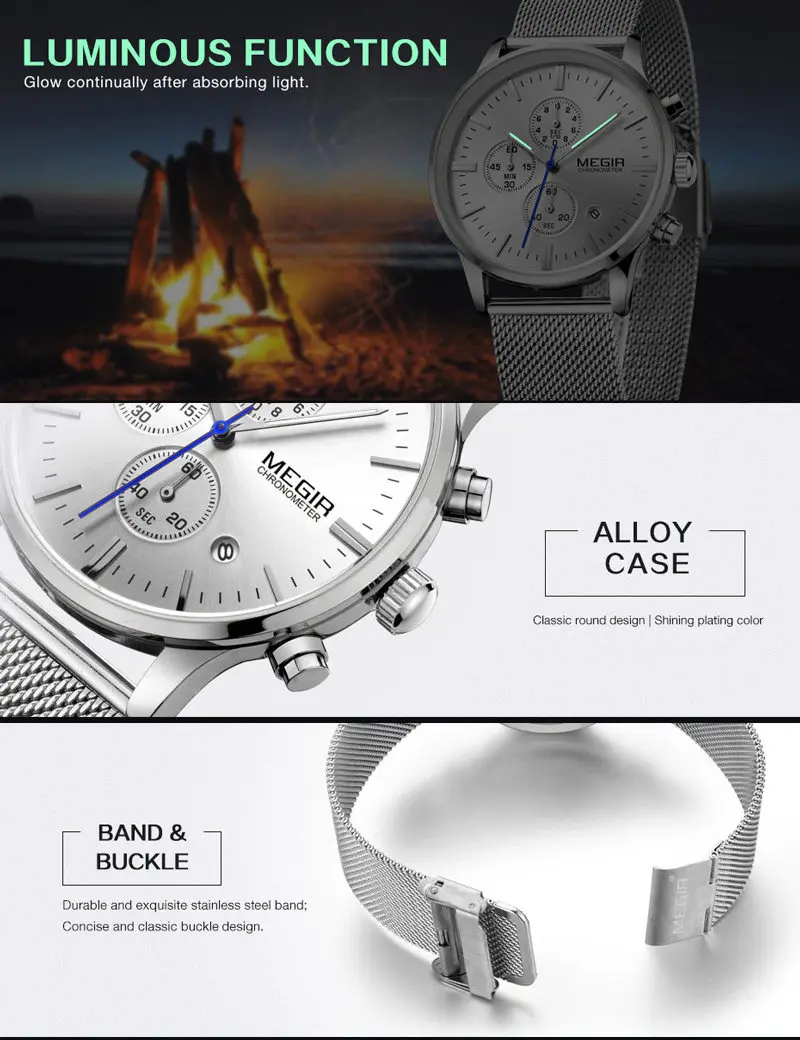 Мужские часы с хронографом MEGIR спортивные наручные в стиле милитари из стали 2019 |