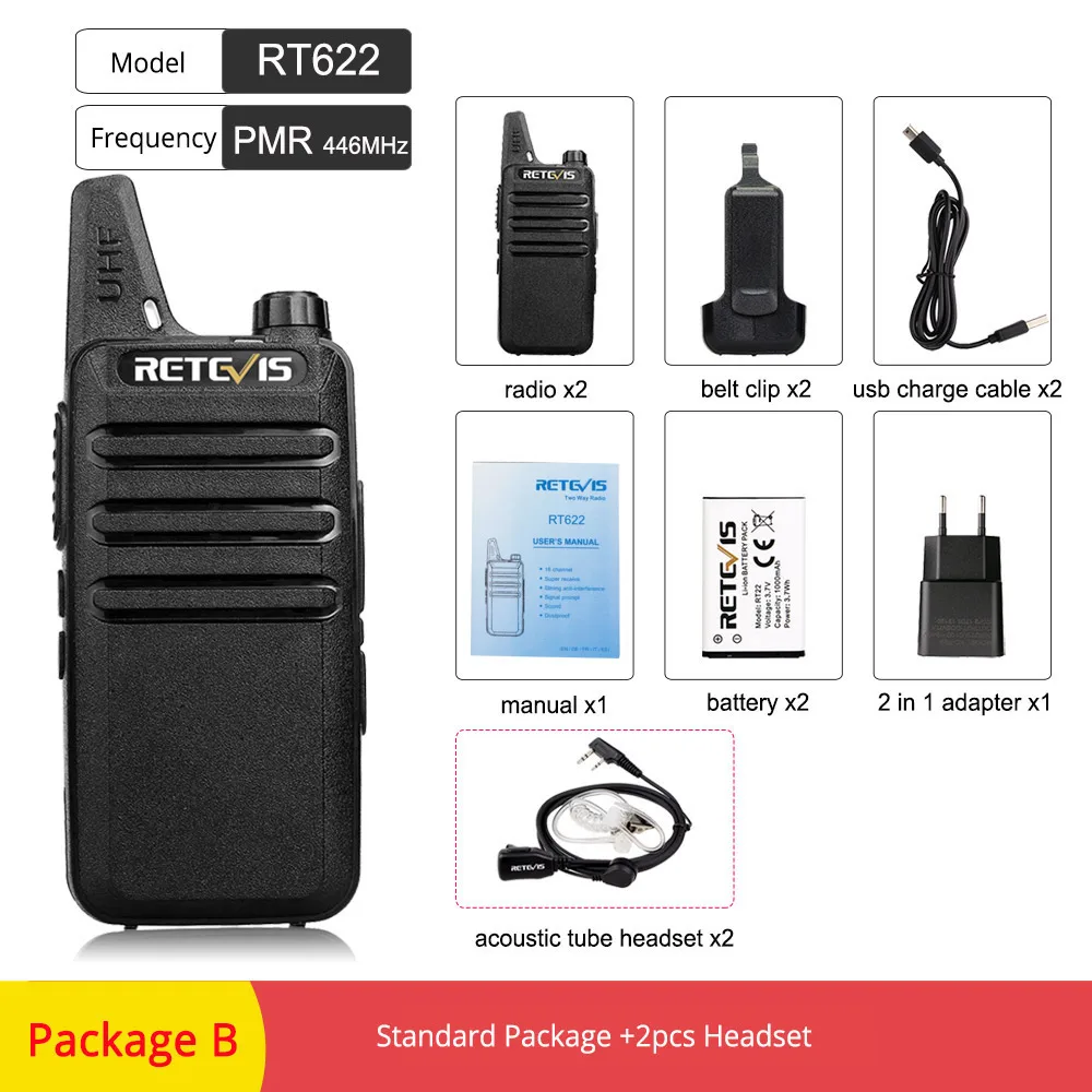 PMR RT622-Package B 2 шт. Retevis RT622 RT22 мини рация PMR радио PMR446 FRS UHF двухстороннее радио портативный VOX usb зарядка портативный приемопередатчик - Цвет: PMR RT622-Package B