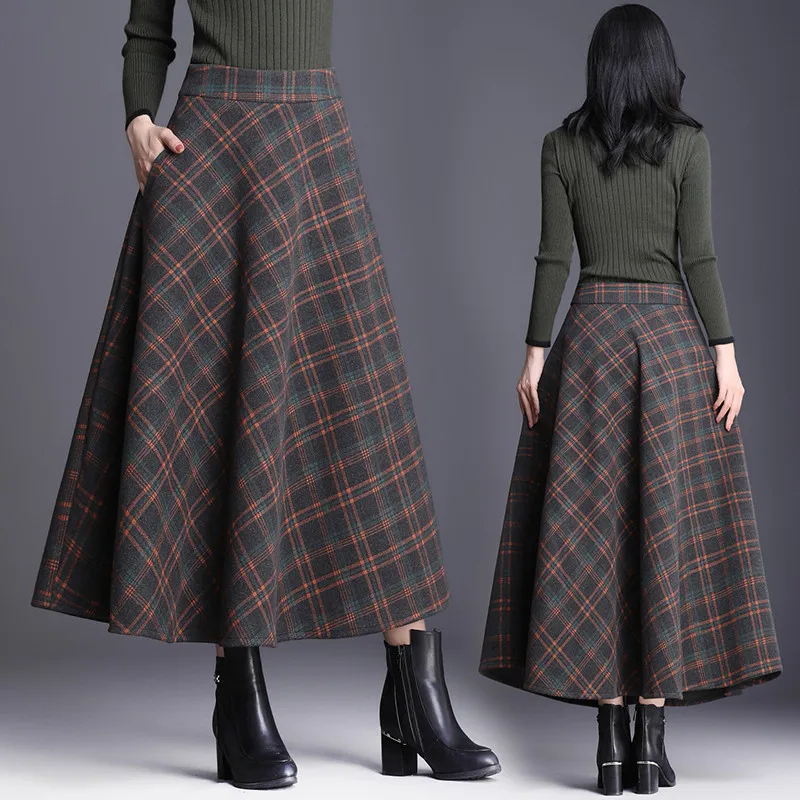 Orange plaid Шерстяная женская юбка, Осень-зима, с принтом, в клетку, а-силуэт, юбки, плюс размер, 4XL, женская большая качающаяся длинная юбка, тонкая, высокая талия, шерстяные юбки - Цвет: Orange plaid