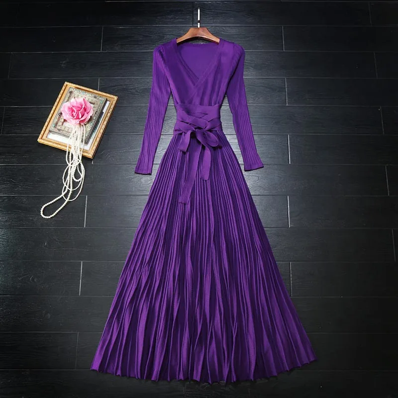 Женское трикотажное платье макси повседневное длинное с длинным рукавом и V