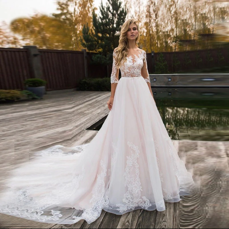 

A-Line Wedding Dresses 2021 Long Sleeve Scoop Neck Appliques Lace Bridal Wedding Gowns Lace Up Vestido De Noiva Plus Size