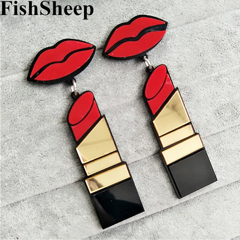 Серьги FishSheep с красными губами и помадой женские акриловые Висячие длинные