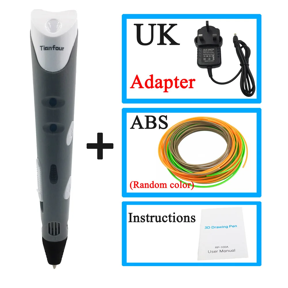 Gray UK Tianfour 3d Ручка 1,75 мм ABS умная 3d Ручка для рисования 25 м/50 м/100 м нить бумага Модель Рисунок 3d печать Ручка Творческие игрушки - Цвет: Gray UK