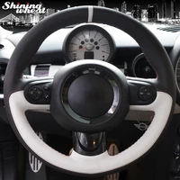 shining wheat hand stitched black white leather car steering wheel cover for mini coupe
