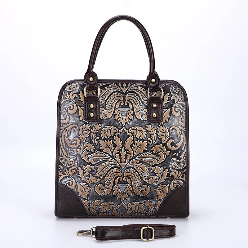 

Vintage Women Genuine Leather Tote Bag Crossbody Messenger Shoulder Bags Famous Brand Embossed Cowhide Briefcase Top-Handle Bags