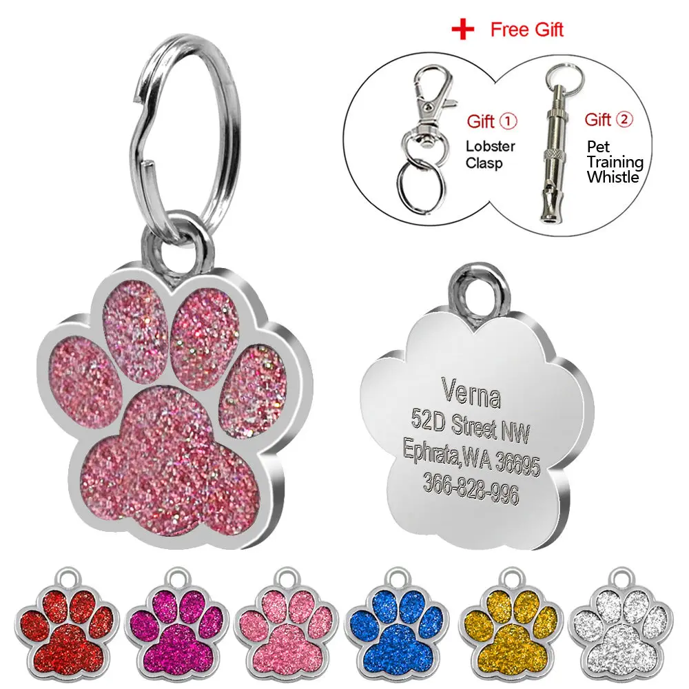 

Glitter Paw Pet ID Tags Customized Engraved Dog & Cat Paw Tag Personalized Name Phone Number Tag
