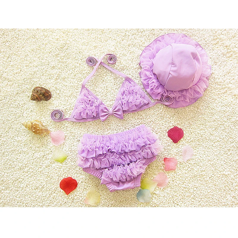 Lovely Girl Children Beachwear Swimsuit Solid Ruffled Summer Two Pieces Swimwear Child Girls Bathing Bikini Set With Swim Cap |