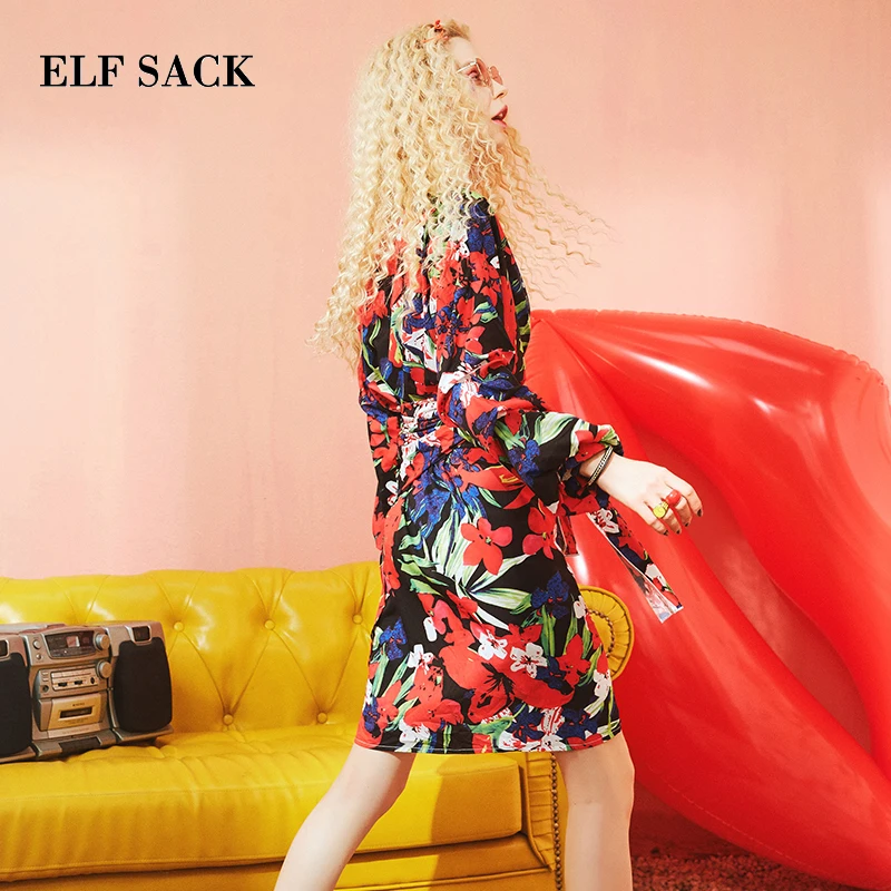 ELFSACK Floral Print Japanese Stylish Kimono Women Boho Summer Dress 2020 V Neck Button Up Split Holiday Party Dresses | Женская одежда