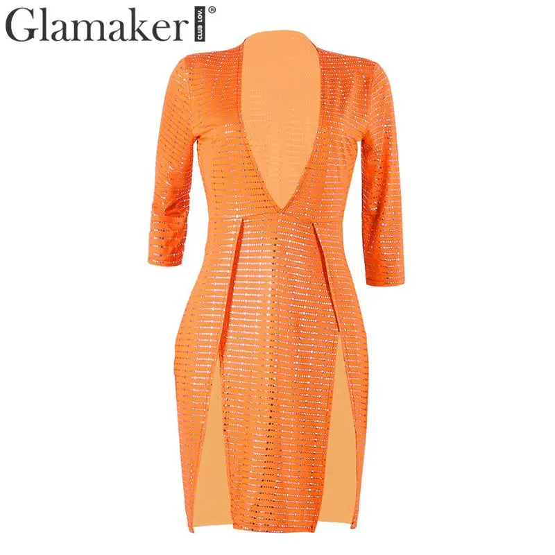 Glamaker Sequin сексуальное асимметричное облегающее платье с v-образным вырезом женское летнее короткое платье с высоким разрезом женское блестящее вечернее платье - Цвет: Оранжевый