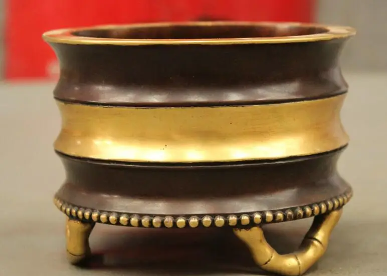 

S03354 Chinese Purple Bronze 24K Gold Bamboo Folk Vase pot Statue Incense Burner Censer