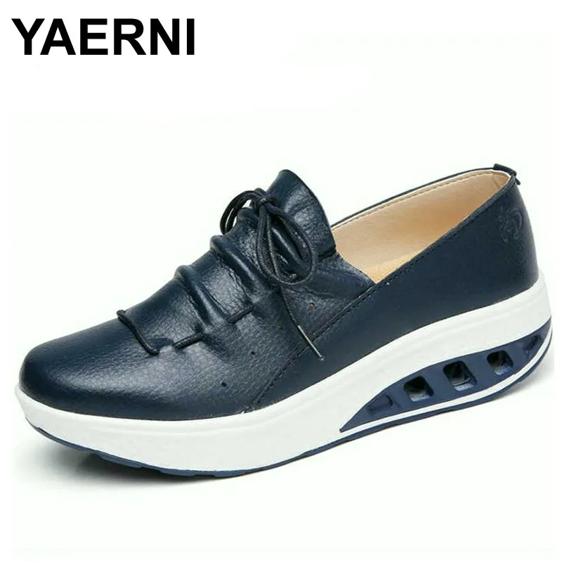 YAERNI Summer Leather Women Shoes Sneakers Nurse Swing Work Single Shoes Wedges Shoes woman Blue White Platform Shoes Slimming