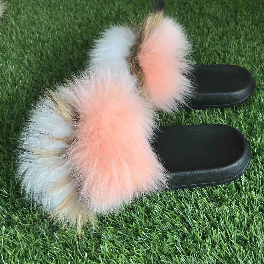 FunFur/100% натуральный Лисий мех енота шлепанцы Цвет персиковый белый домашние