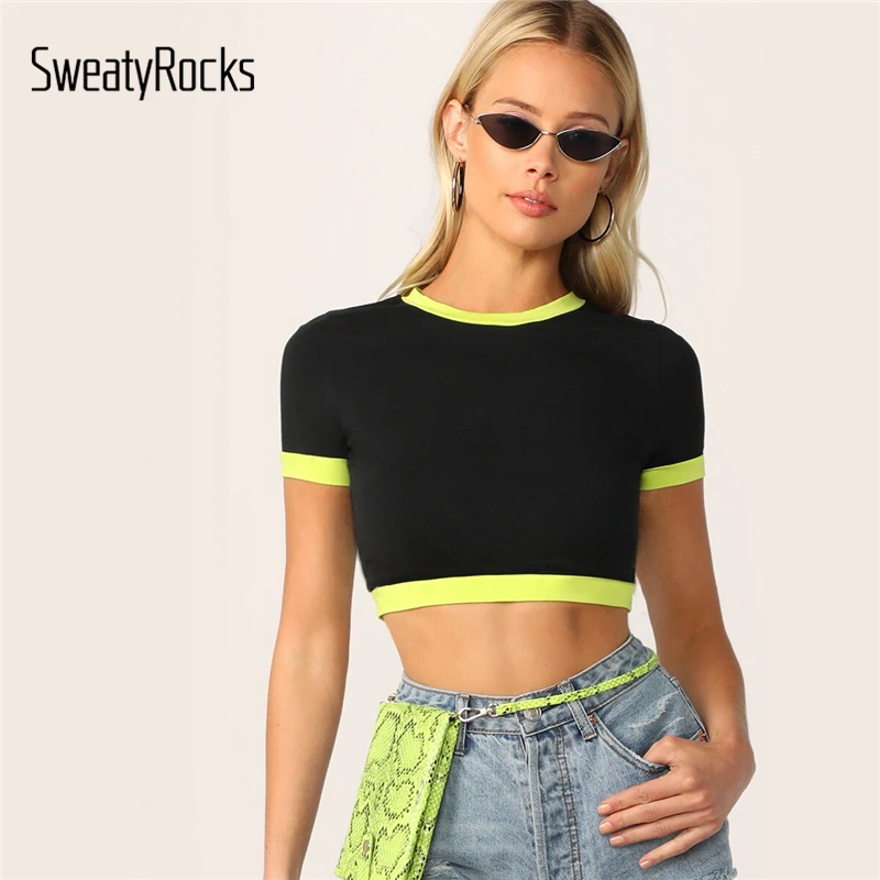 SweatyRocks Neon Ringer, цветной укороченный топ, женские сексуальные черные футболки с коротким рукавом, летняя уличная одежда, топ, женские футболки