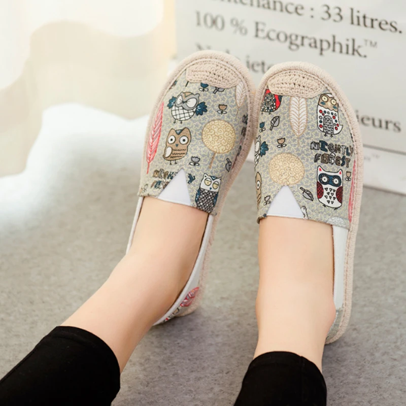 summer women's flat shoes breathable graffiti canvas linen women espadrilles non-slip casual white sneakers ballet flats
