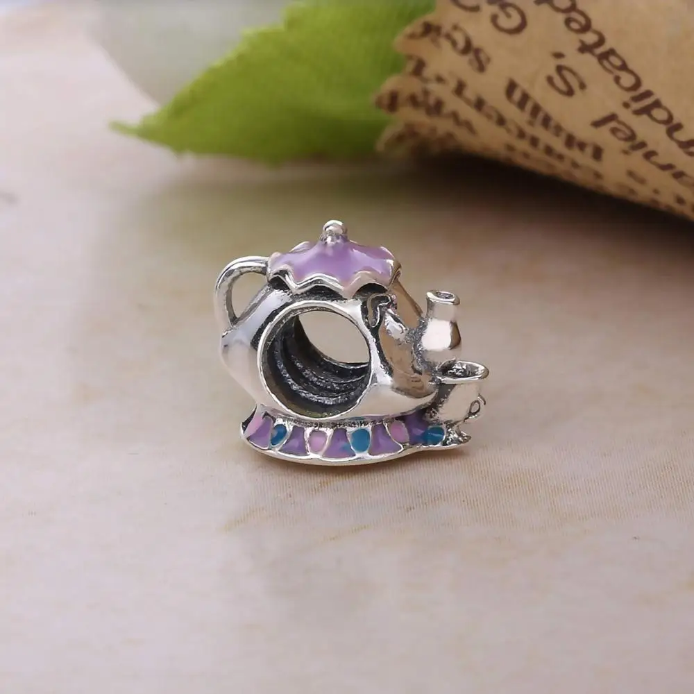 Fit Original Pandora Charms Bracelet Cartoon Purple Enamel Disny Traditions Mrs. Potts Smile Teapot Beads Women Jewelry Berloque
