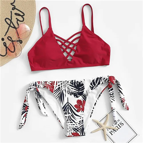 Многоцветный COLROVIE Lattice Top With Random Tropical Tie Side Boho Swimwear Women Bikini Set Wireless Beachwear Ladies Sexy Swimsuit - Цвет: Многоцветный