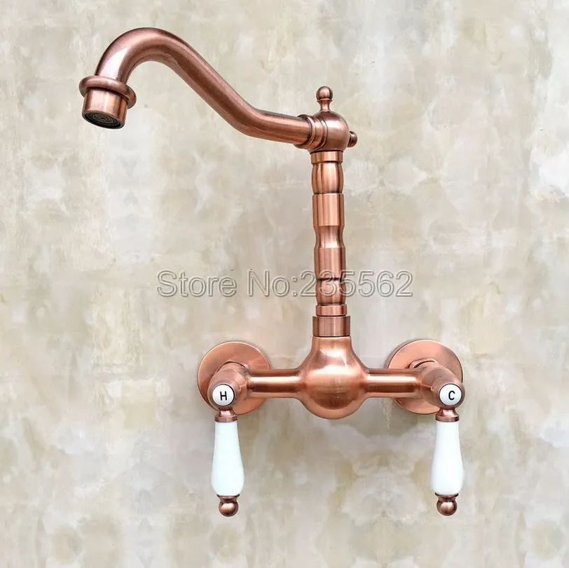 

Antique Red Copper Bathroom Kitchen Sink Basin Faucet Mixer Tap Swivel Spout Wall Mounted Dual Ceramic Handles Lrg034