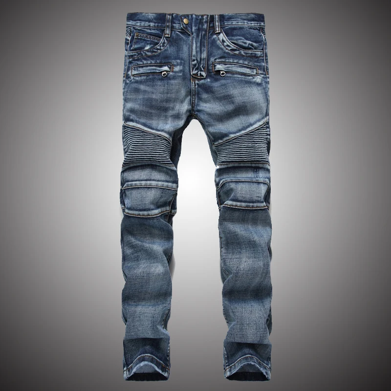 

Men's Classic Jeans Pants Pleated Moto Biker Jeans Men Skinny Slim Fit Jeans Male Hip Hop Denim Trousers Brand Designer WY239