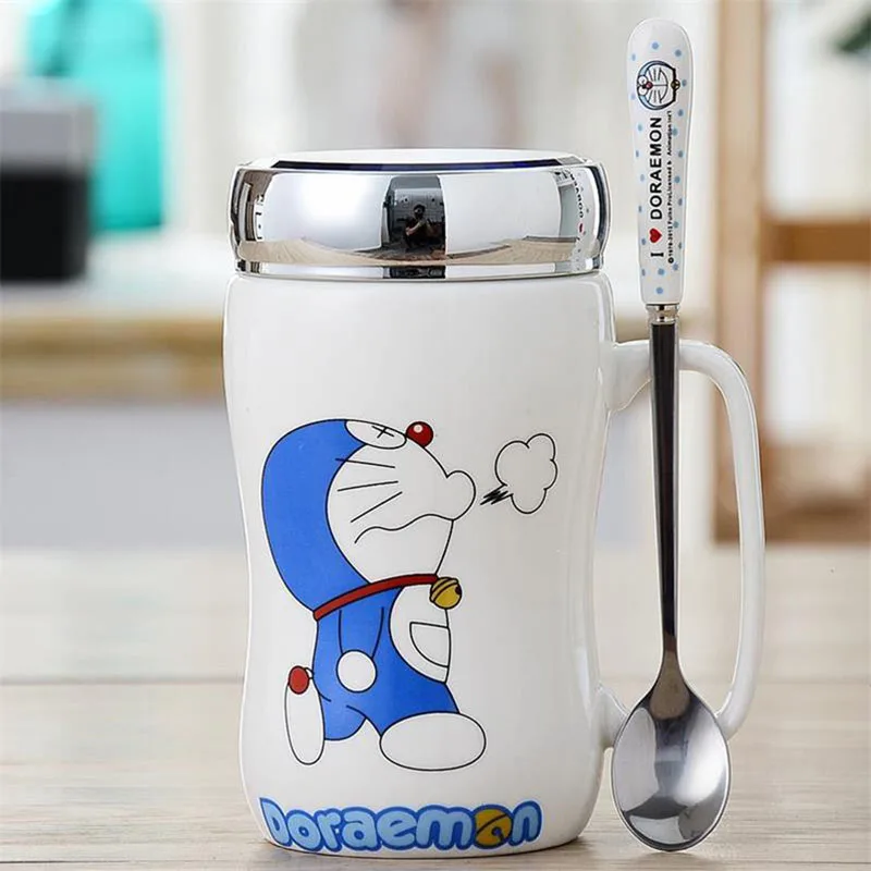 450ml Doraemon Ceramic Coffee Mugs with Mirror Lid and Spoon Cute Totoro Tea Cup Milk Mug for Women Girls Student Teen - Цвет: Doraemon-B