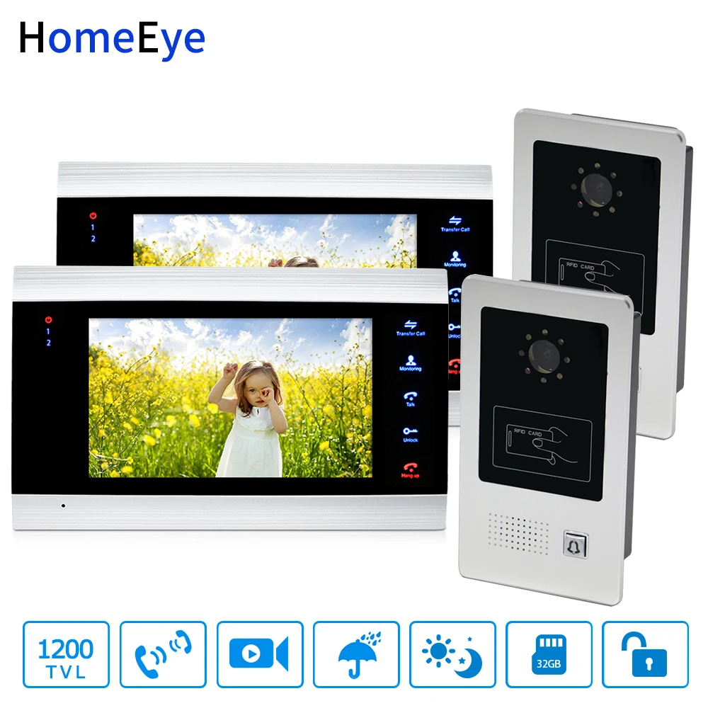 Видеодомофон HomeEye 7 дюймов дверной звонок домашняя система контроля доступа 2 1200TVL