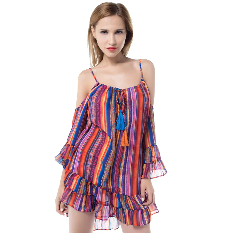 Радужное платье на бретельках Каскадное шифоновое с оборками vestidos de fiesta бахромой