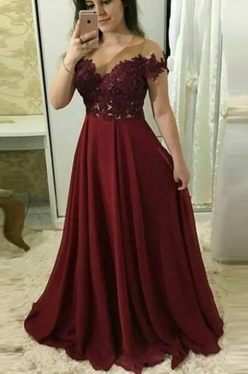 Picture color Рубиновые Свадебные Новые Vestido вечернее Длинные А-силуэта бордовые шифоновые вечерние платья с аппликацией с ремешками пикантное вечернее платье PW955 - Цвет: Picture color