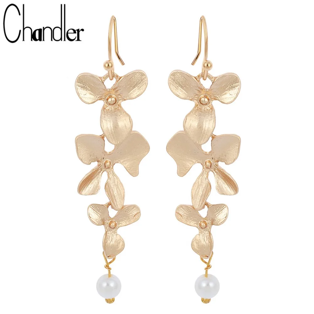 Корейские серьги Chandler с цветком орхидеи длинные висячие из искусственного