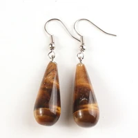 fyjs unique jewelry silver plated long water drop earrings with natural tiger eye stone
