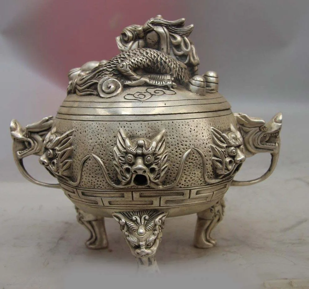 Китайский буддистский храм белая медь серебро девять голов дракона курильница