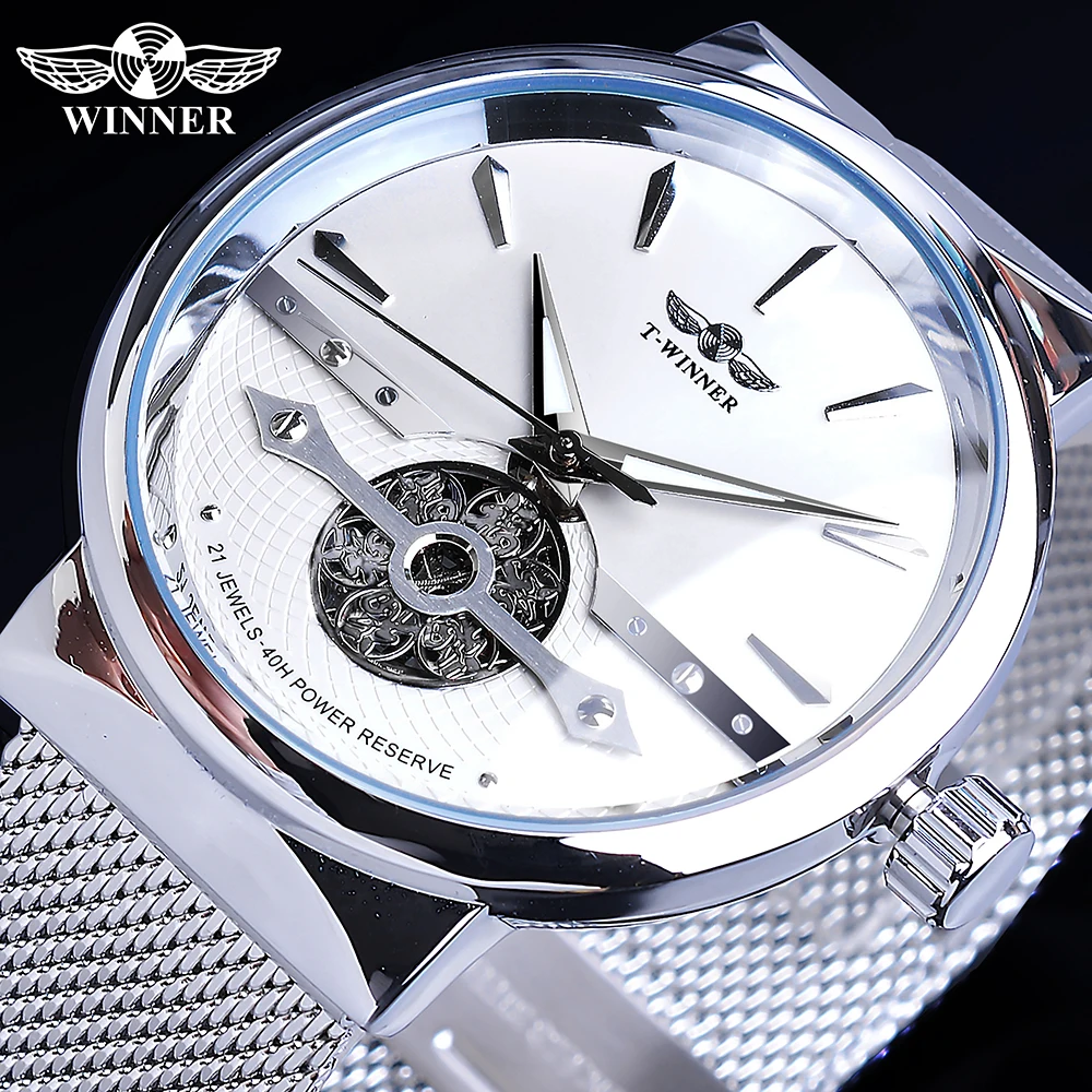 

Winner Automatic Mens Watch Silver Simple Hollow Skeleton Slim Mesh Steel Strap Wristwatch Self-Wind Mechanical Waterproof Clock