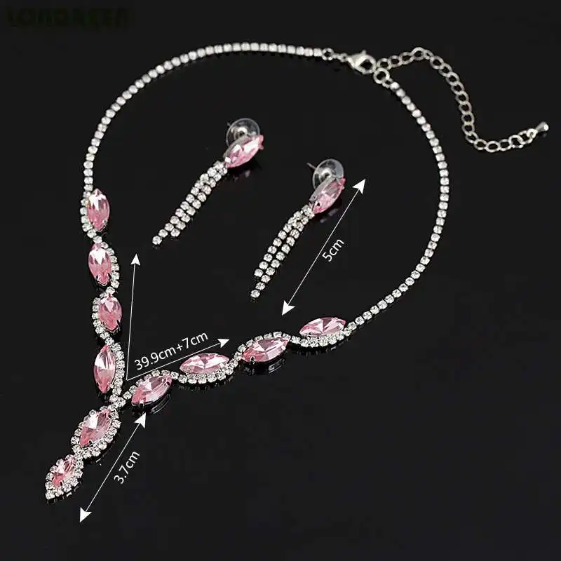 Pink Zircon Стиль, кристалл, циркон, Свадебные Ювелирные наборы, серебряное ожерелье, серьги, Свадебные Ювелирные наборы для женщин, аксессуары для девушек, вечерние - Окраска металла: Pink Zircon