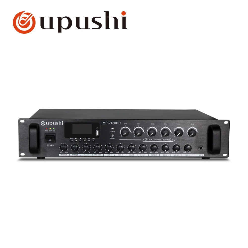 Oupushi MP-2180DU усилитель вещания аудио 6 зон Независимый регулятор громкости 180 Вт с Bluetooth/MP3/USB