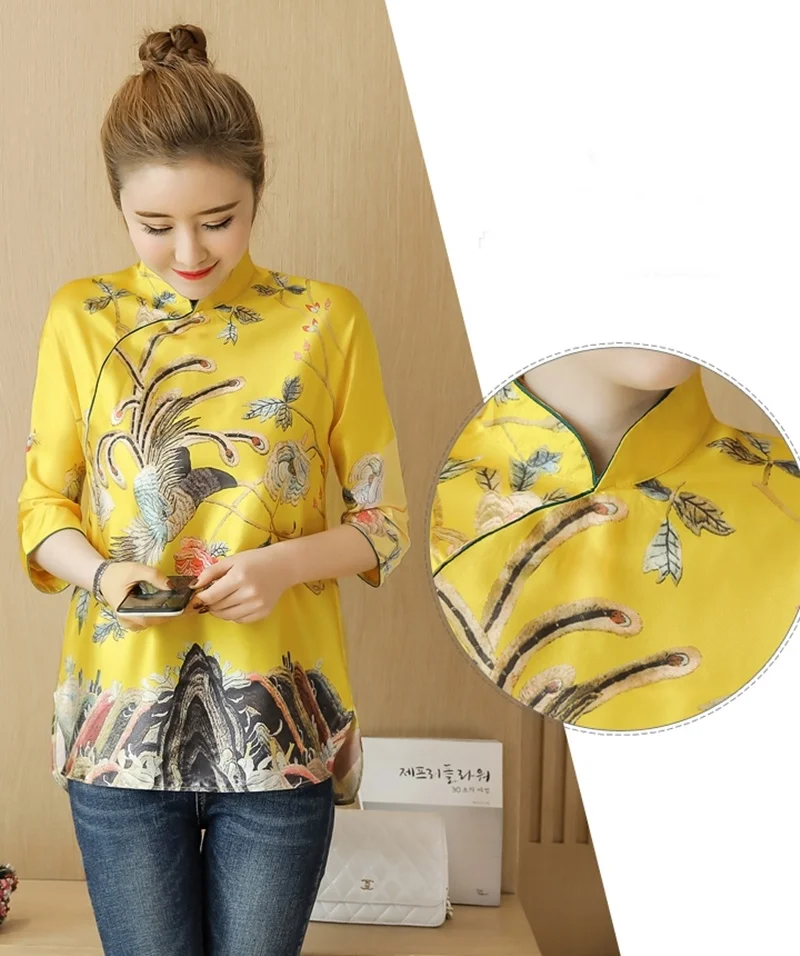 Китайские Cheongsam топы для женщин Ретро винтажная рубашка чай свободное желтое китайское платье весенние женские китайские Топы DD1891