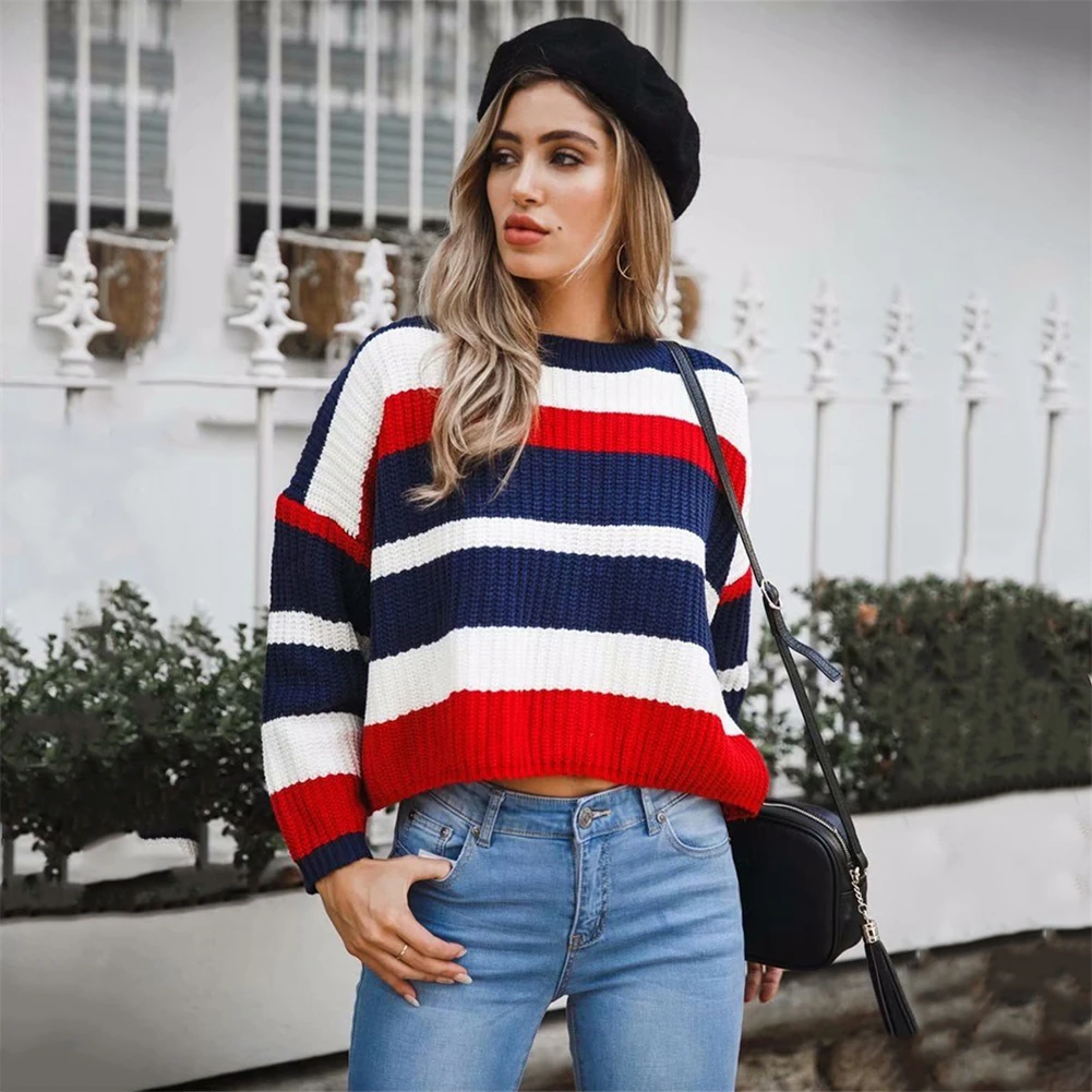Sweater Women Autumn Winter Short Cotton Jersey Pullover Striped O-neck Jumper For Female Loose Causal | Женская одежда