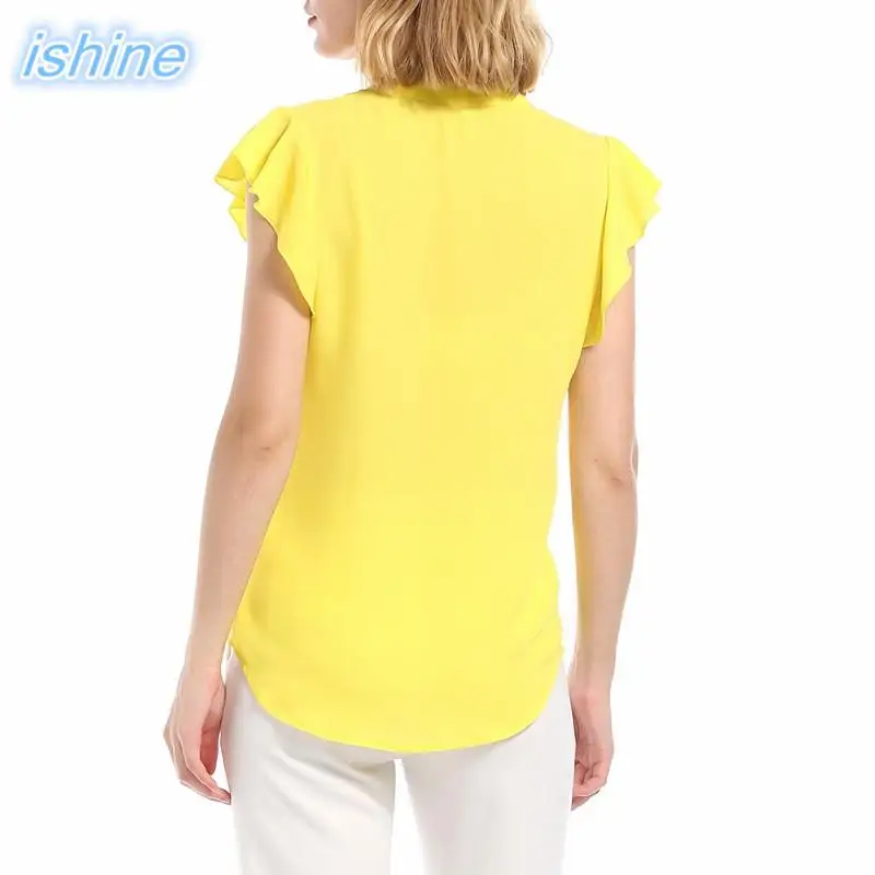 Однотонная дышащая шифоновая блузка с v-образным вырезом желтая женская