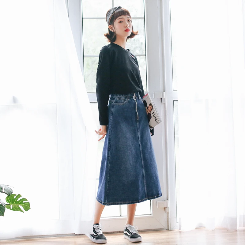 Летние джинсовые юбки женские с высокой талией длинные трапециевидной формы