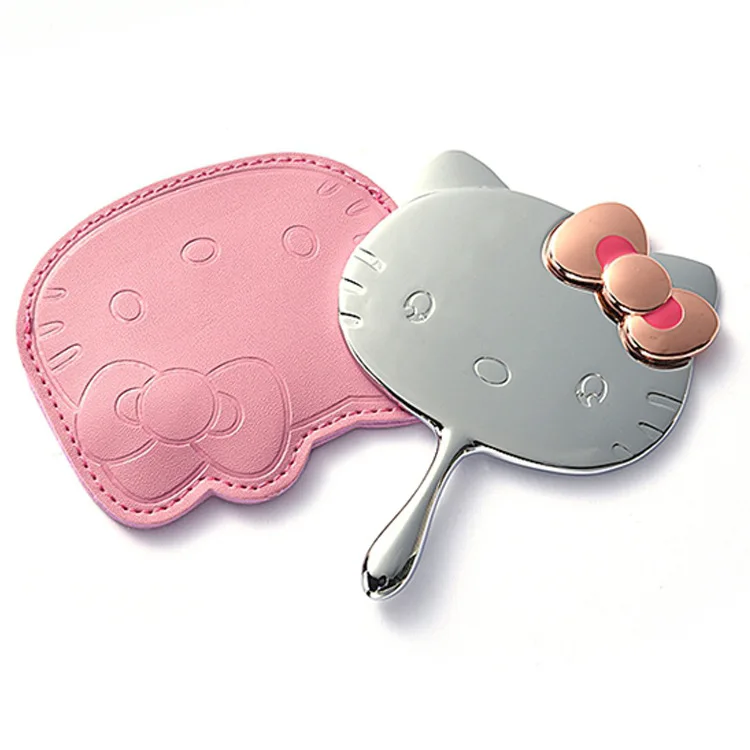 Металлическое зеркало hello kitty с кожаной сумкой, портативное косметическое зеркало, ручное мини-Зеркало 8*11 см