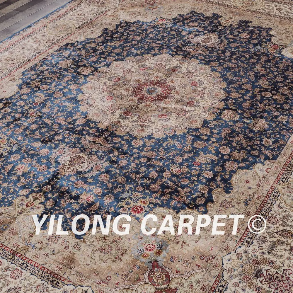 Очень большой ковер Yilong 9 &quotx 12&quot ручной работы с синими цветами и узлом Перский