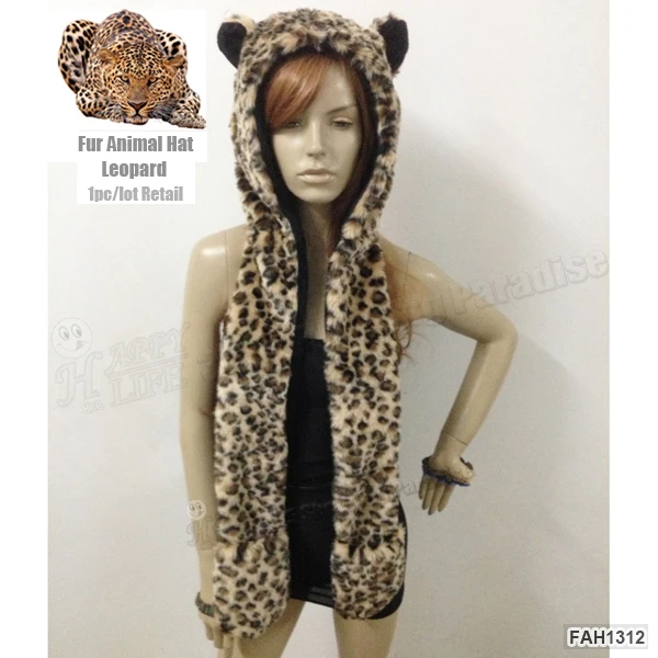 1 шт./лот Модные леопардовые полный животных капюшон Hoddie Hat искусственный мех с