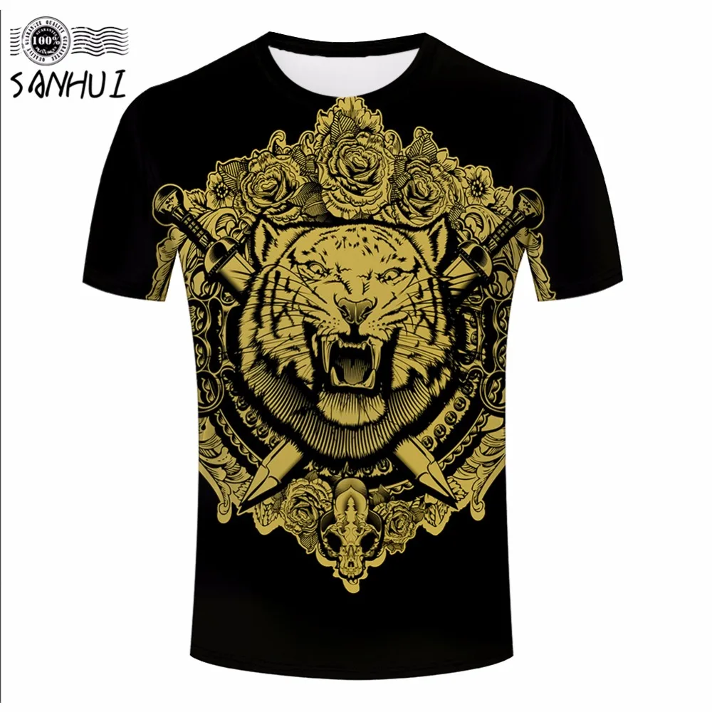 SANHUI 3D Футболки Camiseta gloden Тигр Punk Стиль 3d Печати футболки Мужские Смешные 2017 Марка